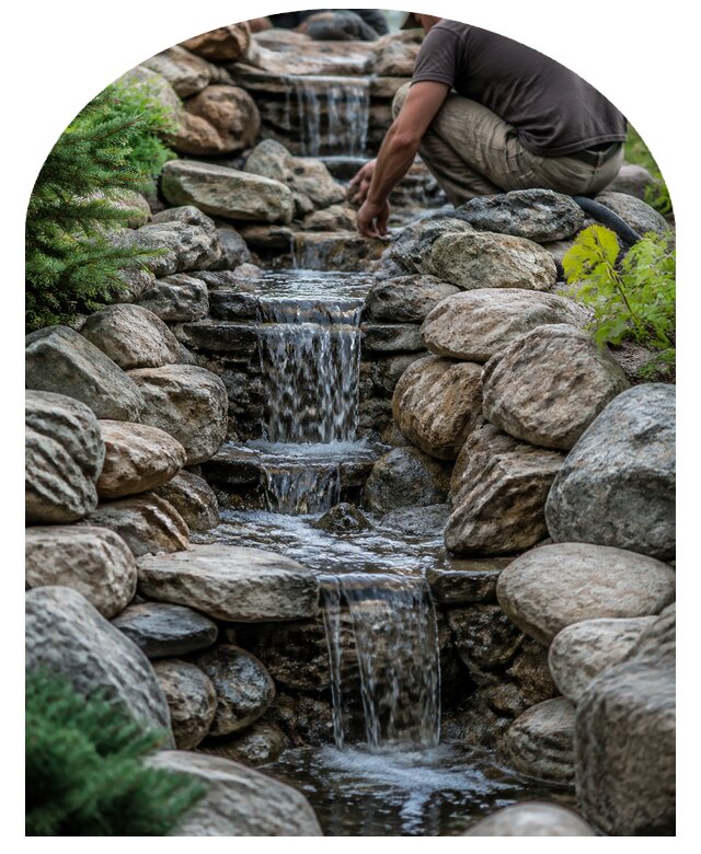 Водопад на участке под ключ с монтажом и отделкой в Куйбышеве
